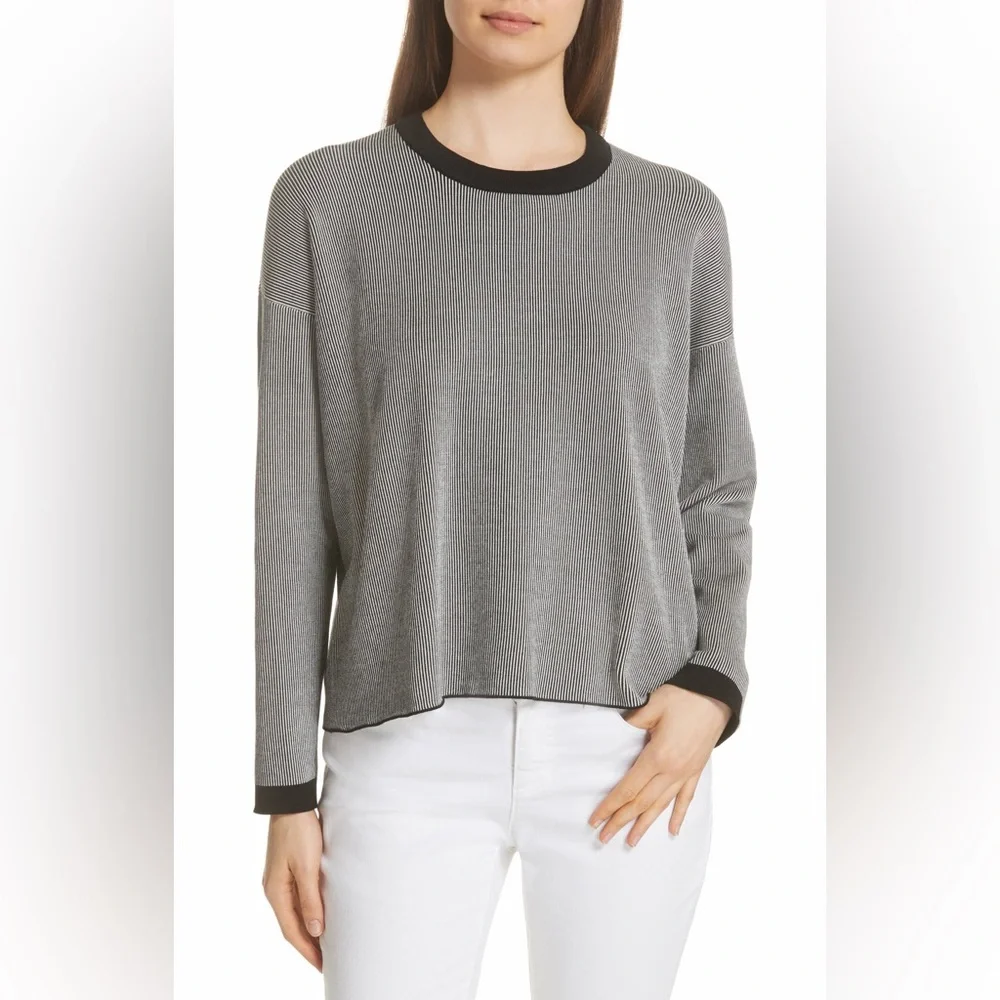 Eileen Fisher Mens Ringer Grey Black Pullover Sweater Size L